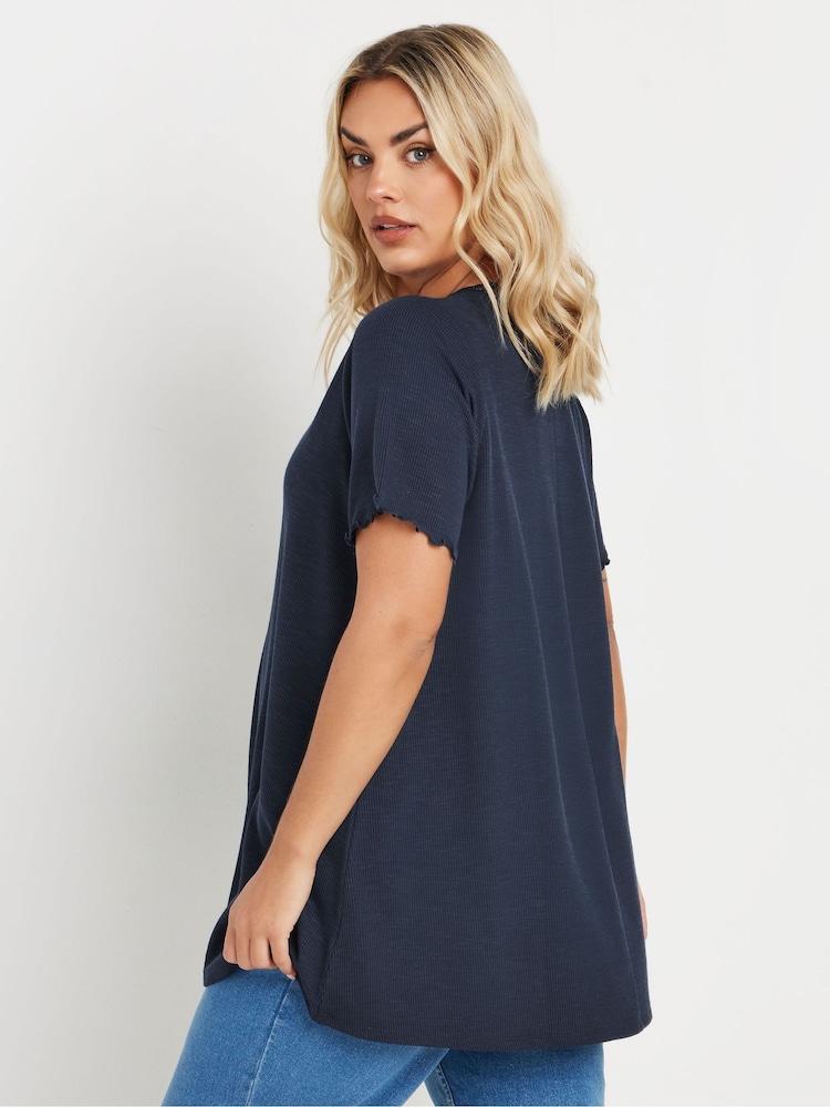 Yours Curve Blue Slub Sleeve Lace Insert T-Shirt - Image 8 of 9