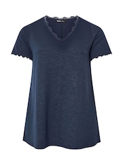 Yours Curve Blue Slub Sleeve Lace Insert T-Shirt - Image 9 of 9