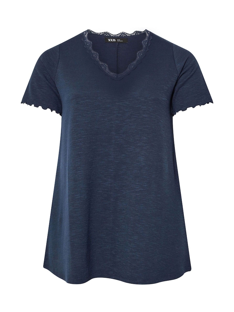 Yours Curve Blue Slub Sleeve Lace Insert T-Shirt - Image 9 of 9