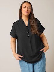 Yours Curve Black Half Placket Blouse - Image 1 of 4