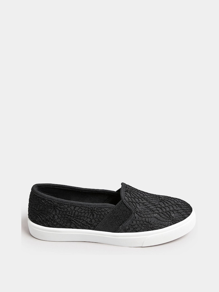 Yours Curve Black Wide Fit Broderie Anglaise Slip-Ons - Image 1 of 6