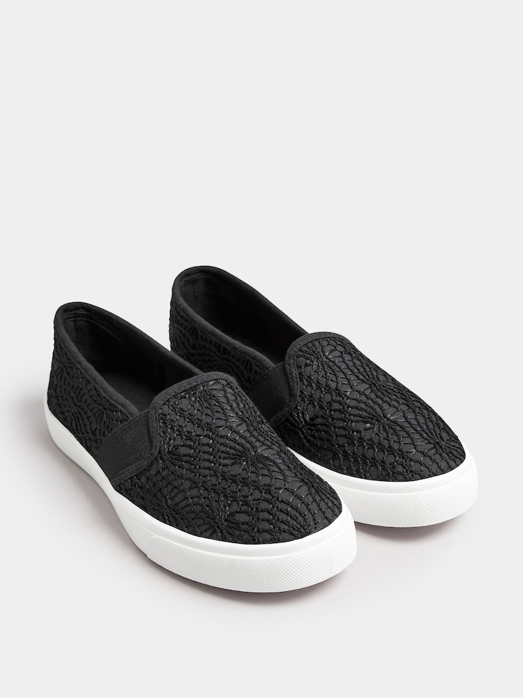 Yours Curve Black Wide Fit Broderie Anglaise Slip-Ons - Image 2 of 6