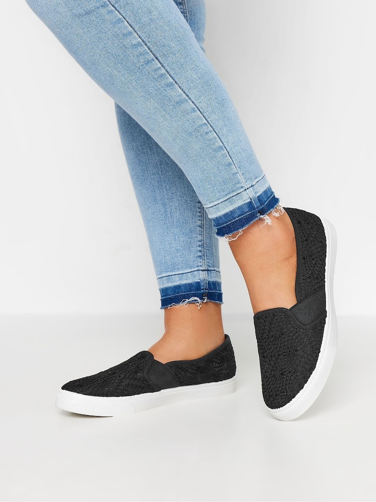 Yours Curve Black Wide Fit Broderie Anglaise Slip-Ons - Image 6 of 6