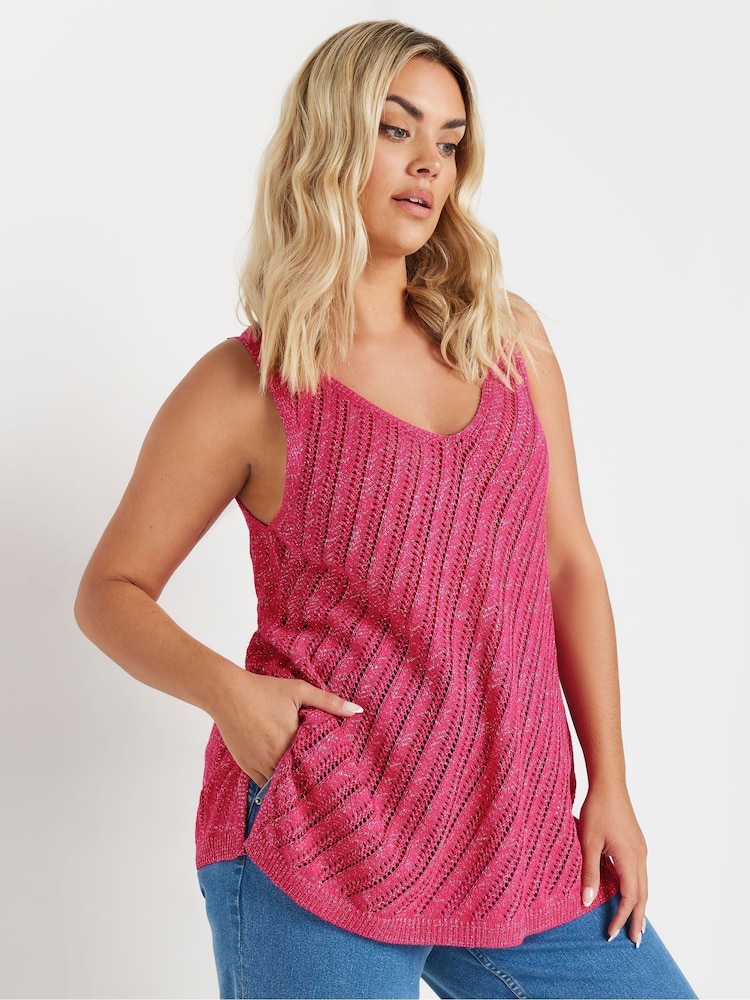 Yours Curve Pink Metallic Pointelle Vest - Image 1 of 5 Yours Curve Pink Metallic Pointelle Vest - Image 1 of 5