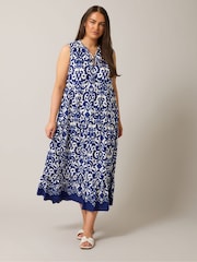 Yours Curve Blue Tiered Tie Neck Sundress - Image 1 of 5