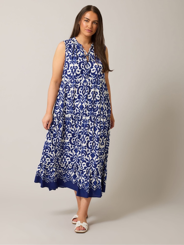 Yours Curve Blue Tiered Tie Neck Sundress - Image 1 of 5