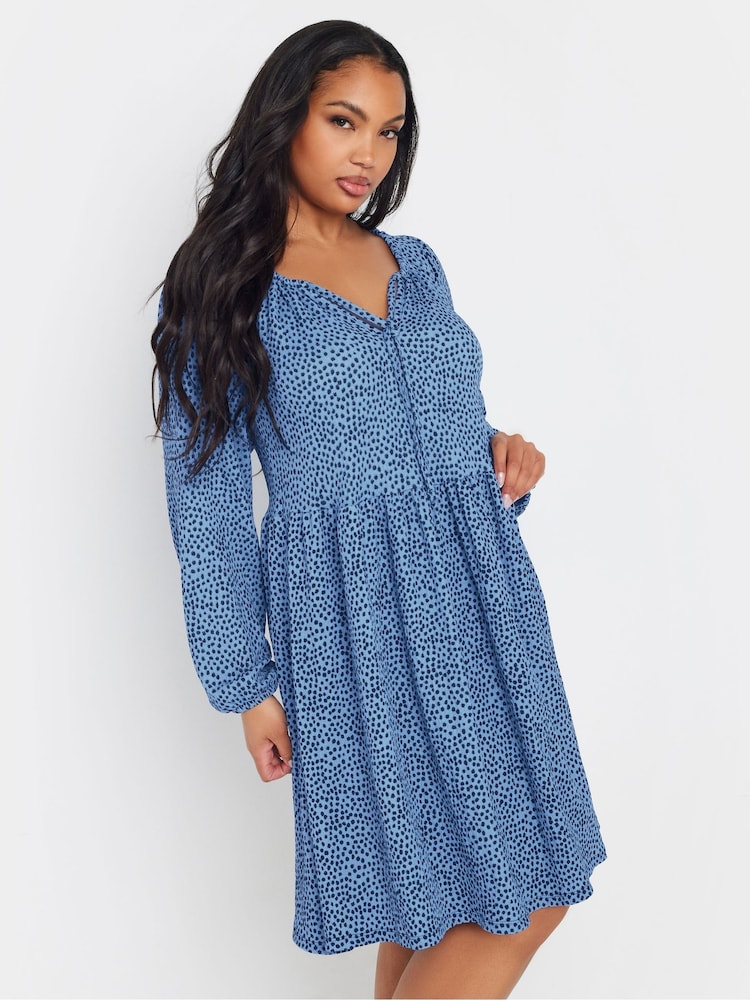 Yours Curve Blue Dot Tie Neck Dress - Image 1 of 5 Yours Curve Blue Dot Tie Neck Dress - Image 1 of 5