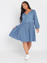 Yours Curve Blue Dot Tie Neck Dress - Image 2 of 5