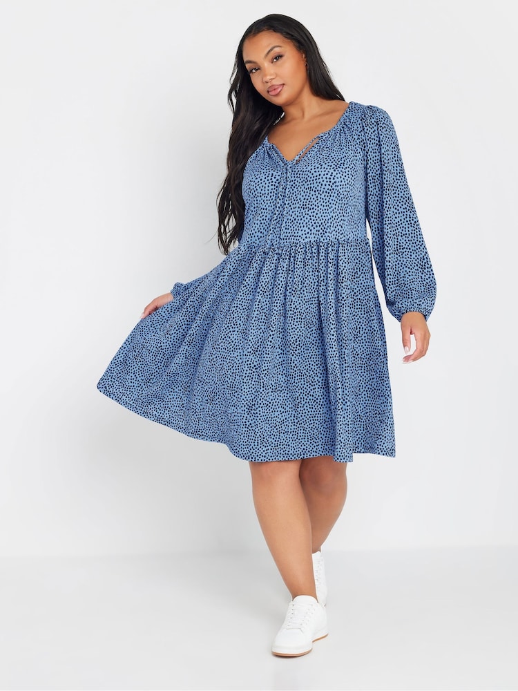 Yours Curve Blue Dot Tie Neck Dress - Image 2 of 5