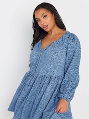 Yours Curve Blue Dot Tie Neck Dress - Image 4 of 5