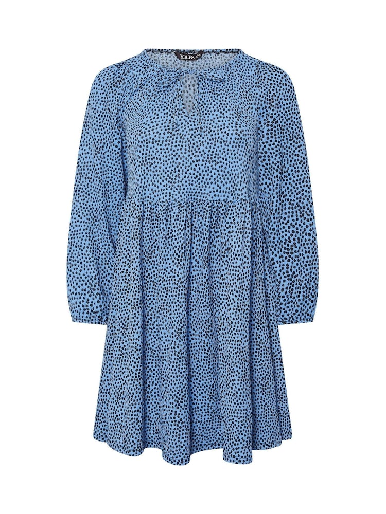 Yours Curve Blue Dot Tie Neck Dress - Image 5 of 5 Yours Curve Blue Dot Tie Neck Dress - Image 5 of 5