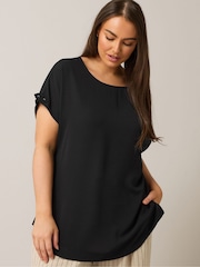 Yours Curve Black Turn Back Button Detail Blouse - Image 1 of 5