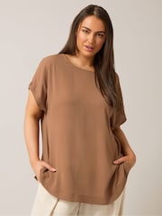 Yours Curve Brown Turn Back Button Detail Blouse - Image 1 of 5