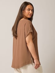 Yours Curve Brown Turn Back Button Detail Blouse - Image 2 of 5