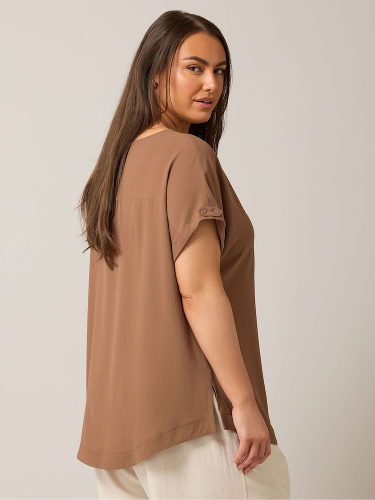 Yours Curve Brown Turn Back Button Detail Blouse - Image 2 of 5