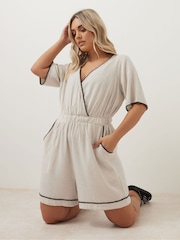 Yours Curve Natural Raw Linen Blanketstitch Playsuit - Image 1 of 4