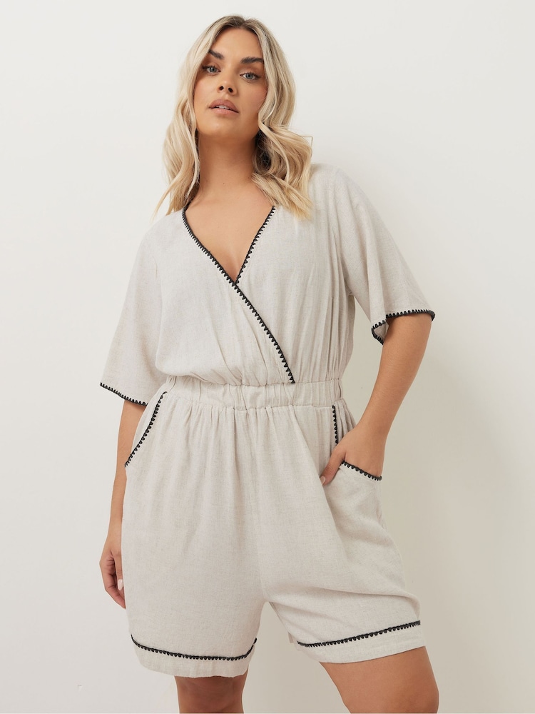 Yours Curve Raw Linen Blanketstitch Playsuit - Slika 2 iz 4 Yours Curve Raw Linen Blanketstitch Playsuit - Slika 2 iz 4