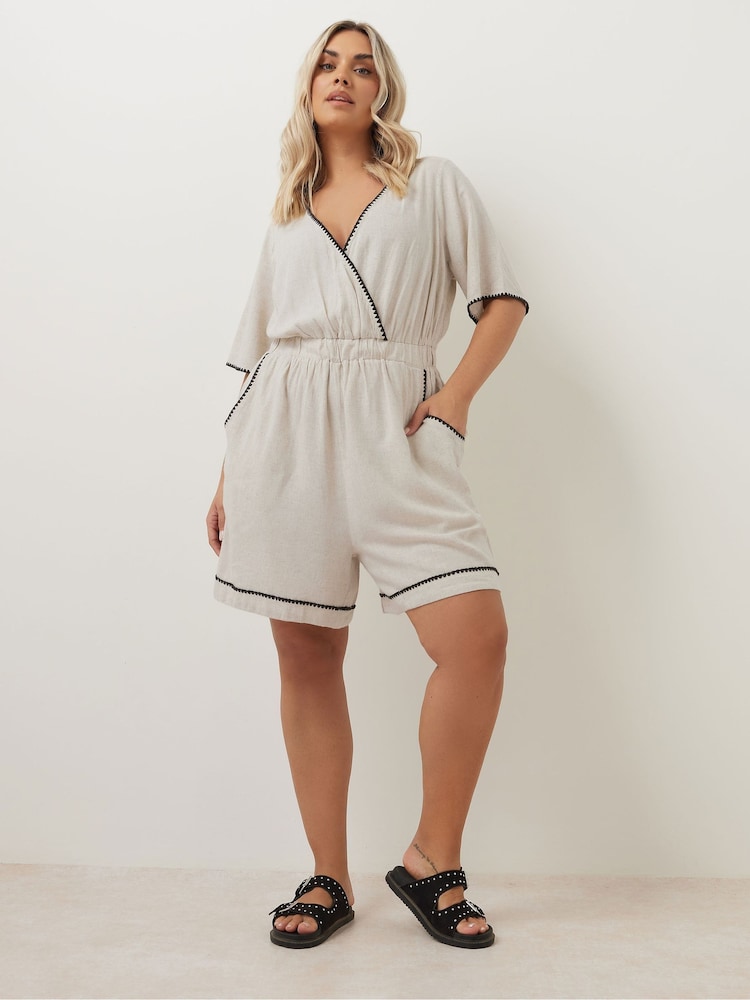 Yours Curve Natural Raw Linen Blanketstitch Playsuit - Image 4 of 4