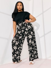 Yours Curve Black Jersey Print Wide Leg Trousers - Image 1 of 5
