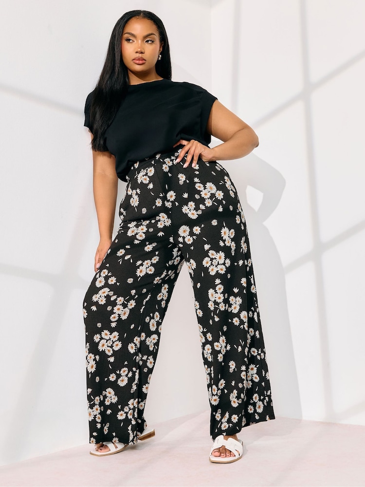 Yours Curve Black Jersey Print Wide Leg Trousers - Image 1 of 5