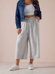 Yours Curve Grey Linen Cropped Wide Leg Skinny Waist Trousers - Image 5 of 10