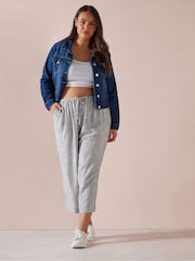 Yours Curve Grey Linen Cropped Wide Leg Skinny Waist Trousers - Image 7 of 10