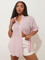Yours Curve Pink Short Sleeve Chambray Shirt - Image 1 of 9
