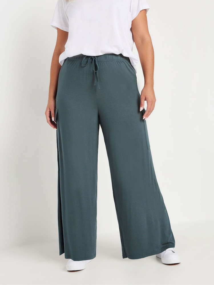 Yours Curve Blue Jersey Wide Leg Cargo Trousers - Image 1 of 5 Yours Curve Blue Jersey Wide Leg Cargo Trousers - Image 1 of 5