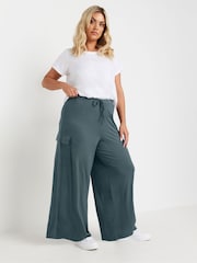 Yours Curve Blue Jersey Wide Leg Cargo Trousers - Image 2 of 5