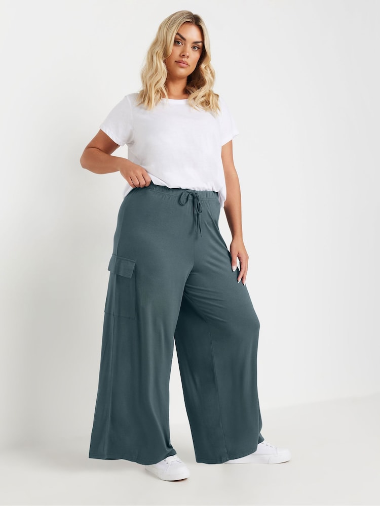 Yours Curve Blue Jersey Wide Leg Cargo Trousers - Image 2 of 5 Yours Curve Blue Jersey Wide Leg Cargo Trousers - Image 2 of 5