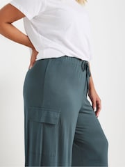 Yours Curve Blue Jersey Wide Leg Cargo Trousers - Image 4 of 5