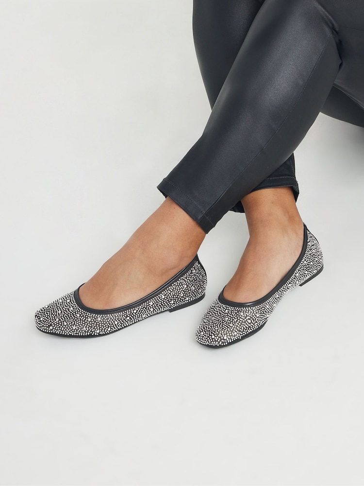 Yours Curve Black Wide Fit Mesh Diamante Ballet Pumps - Image 1 of 5 Yours Curve Black Wide Fit Mesh Diamante Ballet Pumps - Image 1 of 5