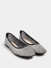 Yours Curve Black Wide Fit Mesh Diamante Ballet Pumps - Image 2 of 5