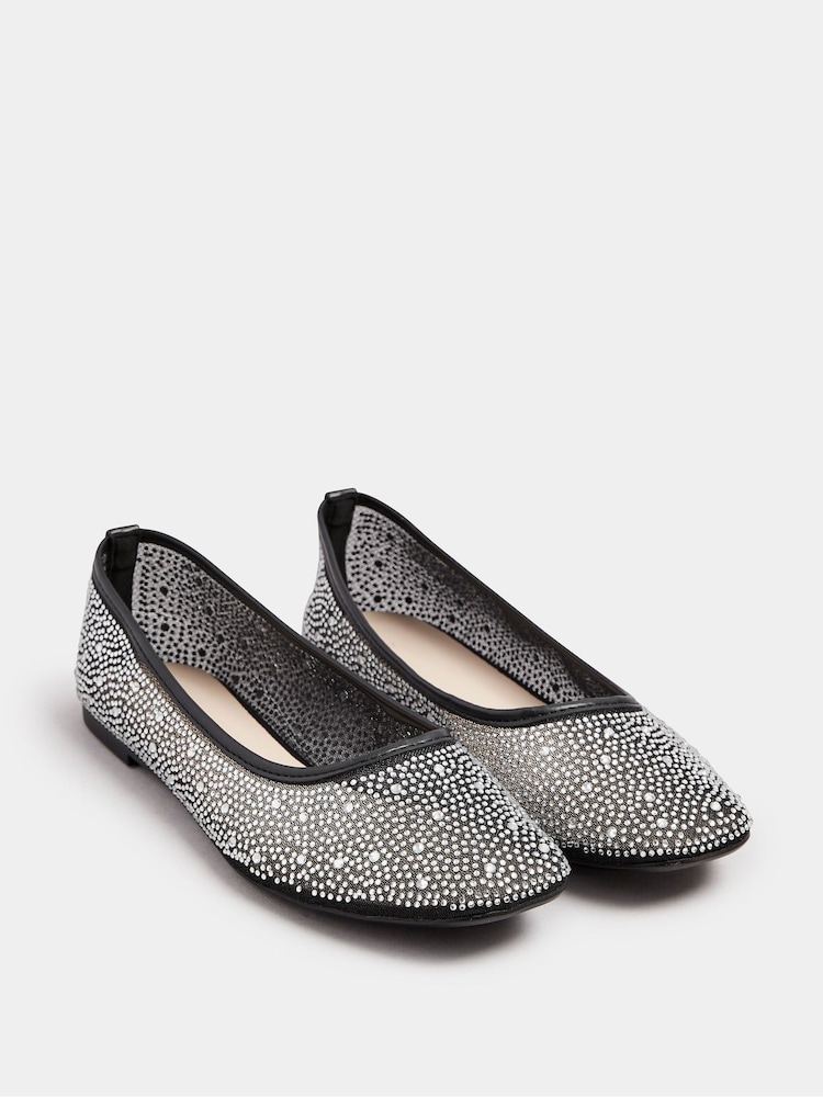 Yours Curve Black Wide Fit Mesh Diamante Ballet Pumps - Image 2 of 5 Yours Curve Black Wide Fit Mesh Diamante Ballet Pumps - Image 2 of 5