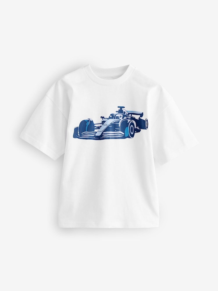 White/Blue Car Print Short Sleeves T-Shirt - Image 1 of 1