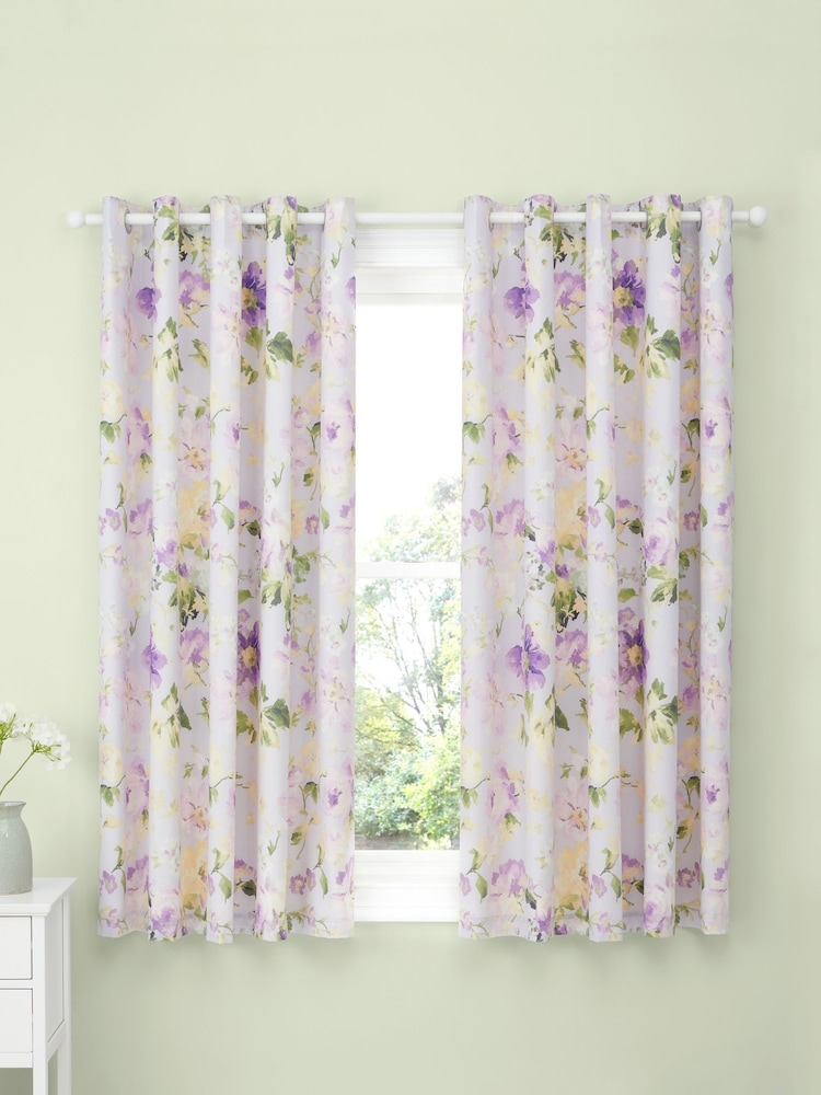 Dreams & Drapes Lilac Flourette Lined Pair of Eyelet Curtains - Image 1 of 3