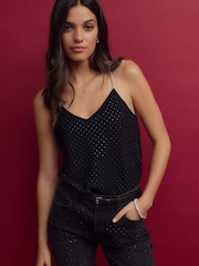 Black Embellished Gem Strappy Camisole - Image 1 of 7