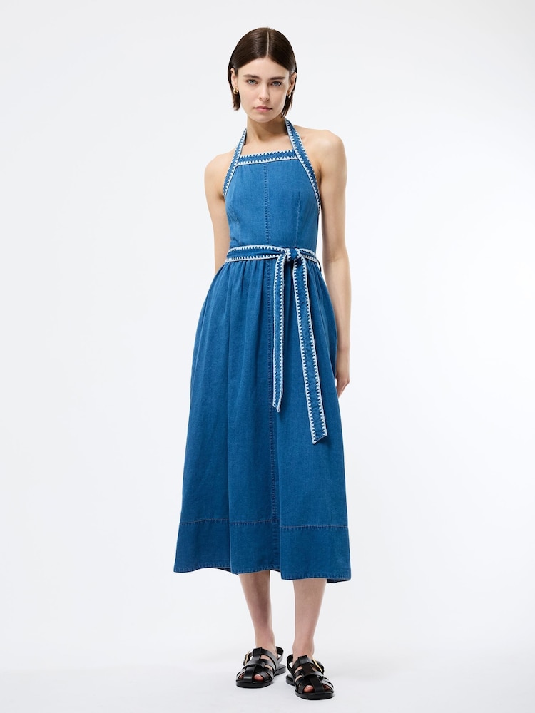 French Connection Blue Zaves Chambray Halter Neck 100% Cotton Dress - Image 1 of 5