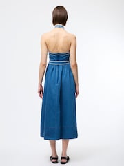 French Connection Blue Zaves Chambray Halter Neck 100% Cotton Dress - Image 2 of 5