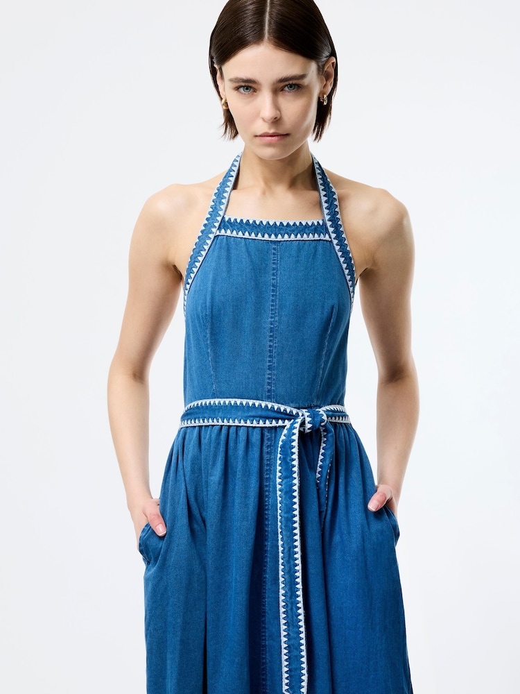 sachin and babi light blue dress Medium Wash Halter Neck Chambray Denim Romper