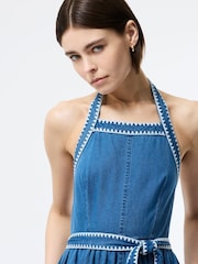 French Connection Blue Zaves Chambray Halter Neck 100% Cotton Dress - Image 4 of 5