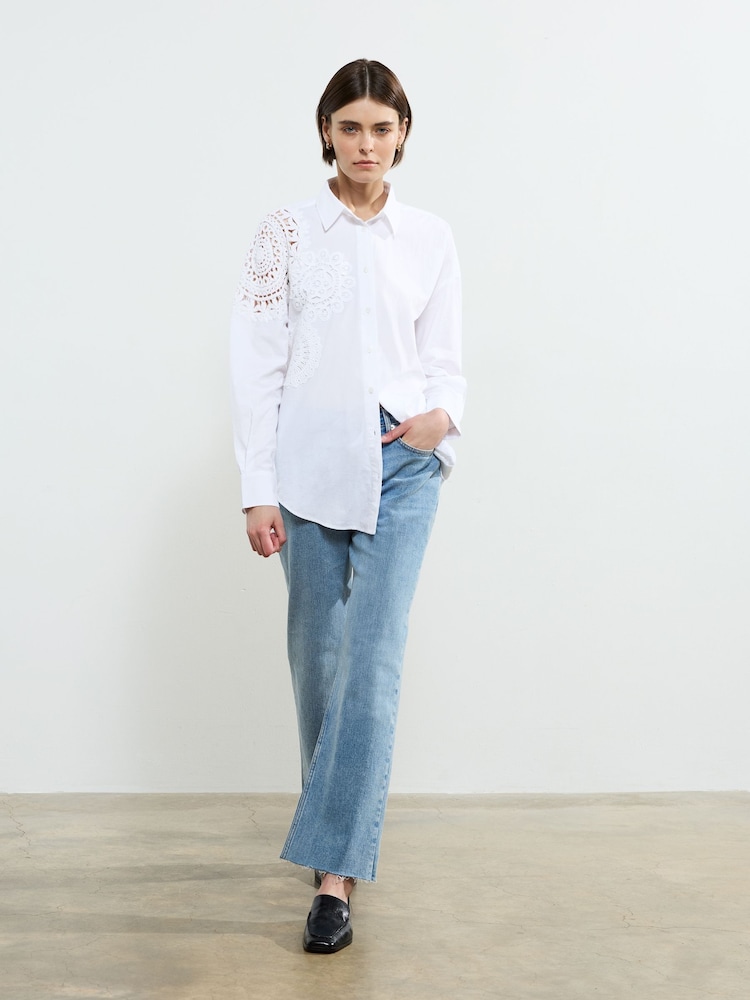 French Connection White Lina Crochet Mix 100% Cotton Shirt - Image 1 of 4
