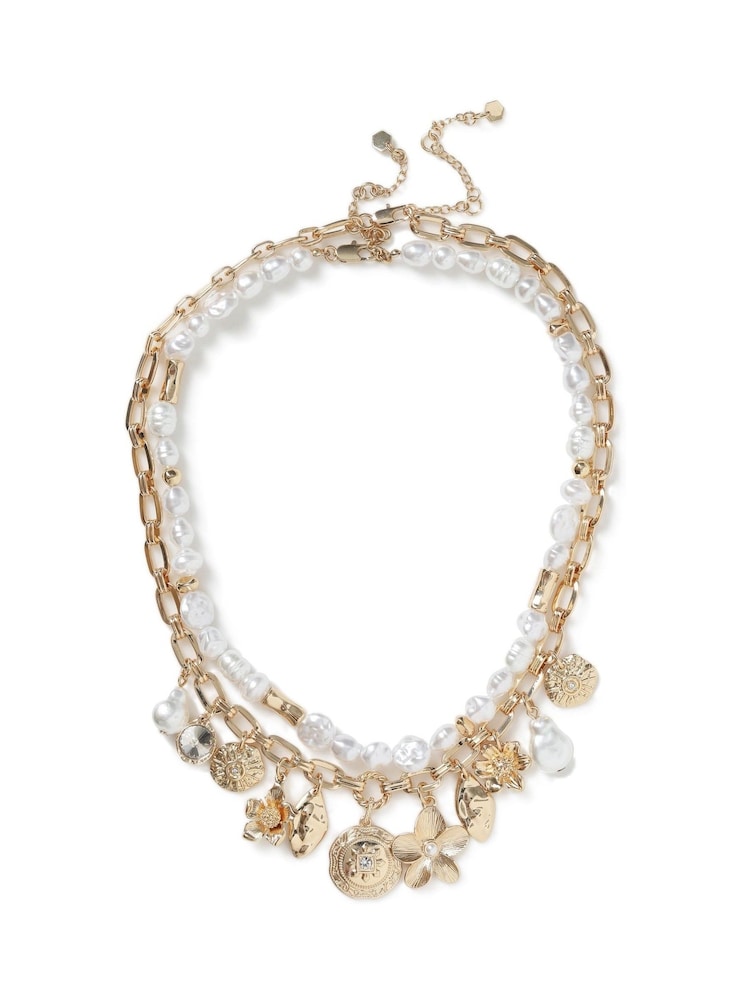 Aela Gold Tone Pearl Effect Flower Charm Layered Necklace - Image 1 of 3