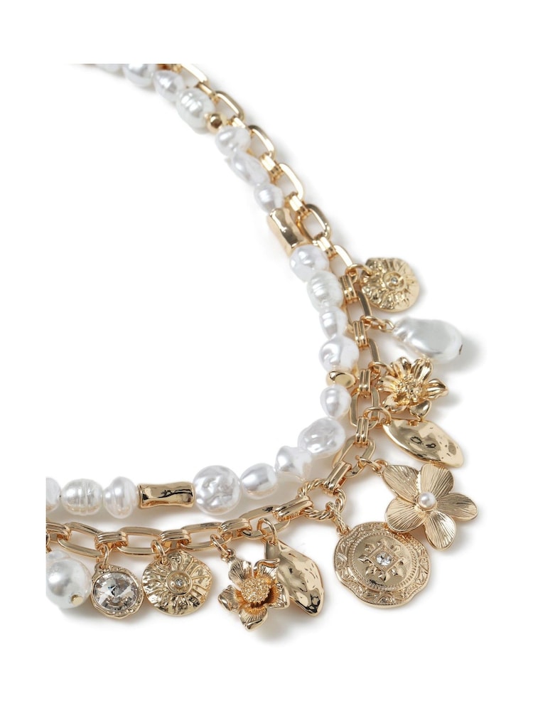 Aela Gold Tone Pearl Effect Flower Charm Layered Necklace - Image 2 of 3