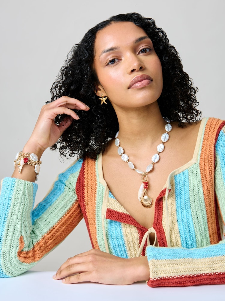 Aela Cream Pearl Effect and Shell Motif Necklace - Image 2 of 4