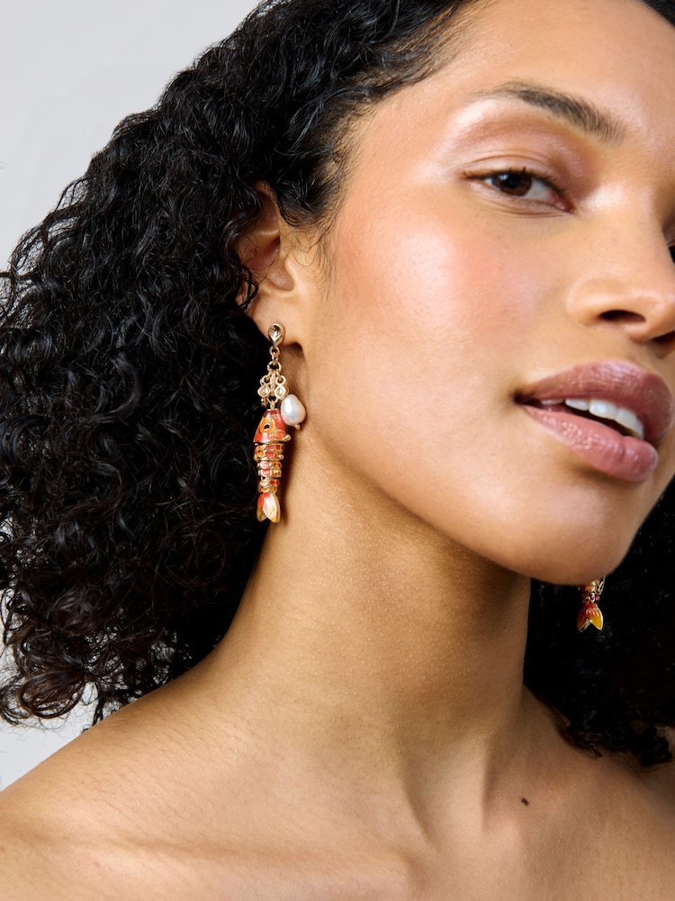 Aela Red Fish and Pearl Effect Drop Earrings - Image 3 of 3