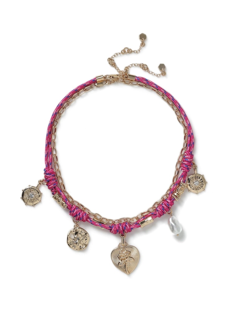 Aela Pink Bungee Cord Multirow Charm Necklace - Image 2 of 3