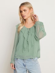 PixieGirl Petite Green Dobby Frill Long Sleeve Blouse - Image 1 of 5