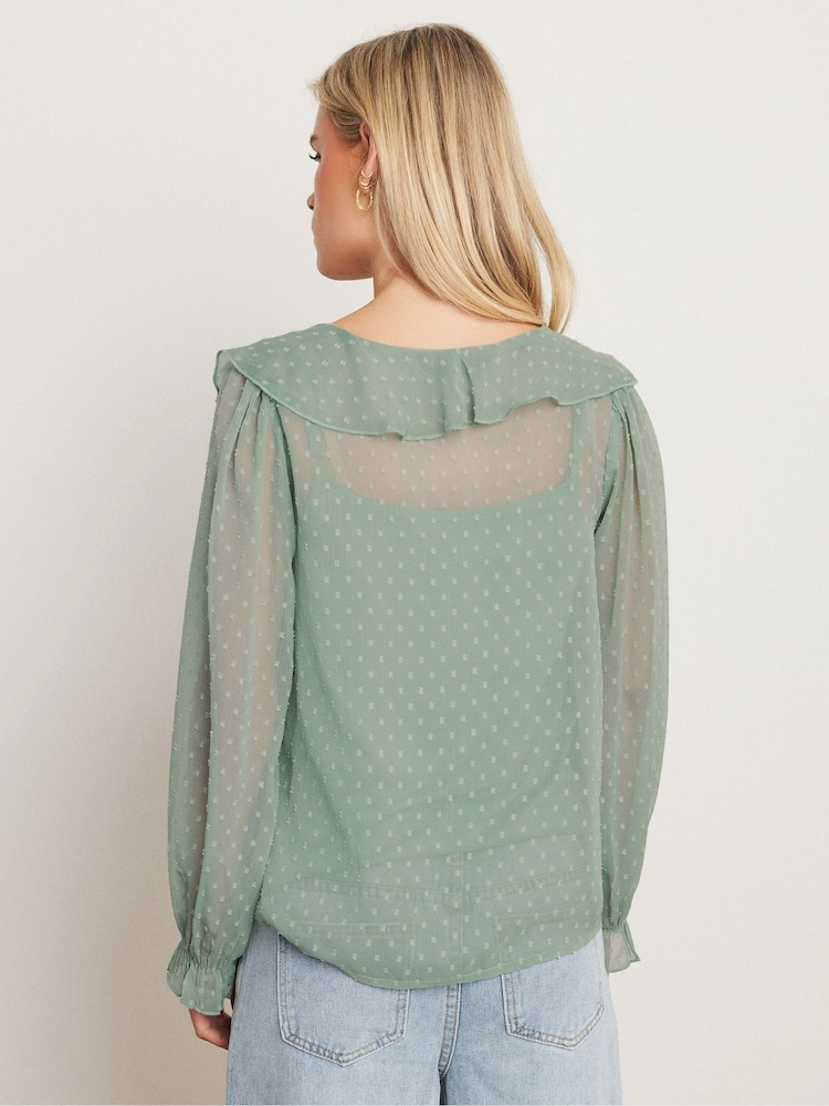 PixieGirl Petite Green Dobby Frill Long Sleeve Blouse - Image 2 of 5