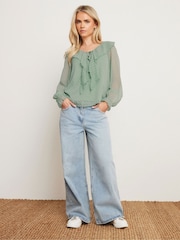 PixieGirl Petite Green Dobby Frill Long Sleeve Blouse - Image 3 of 5